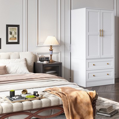 White Shaker Style Two-Door Armoire with Gold Handles