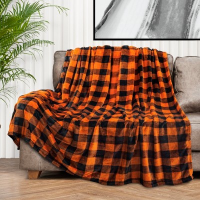 Orange and Black Buffalo Plaid Fleece Throw Blanket