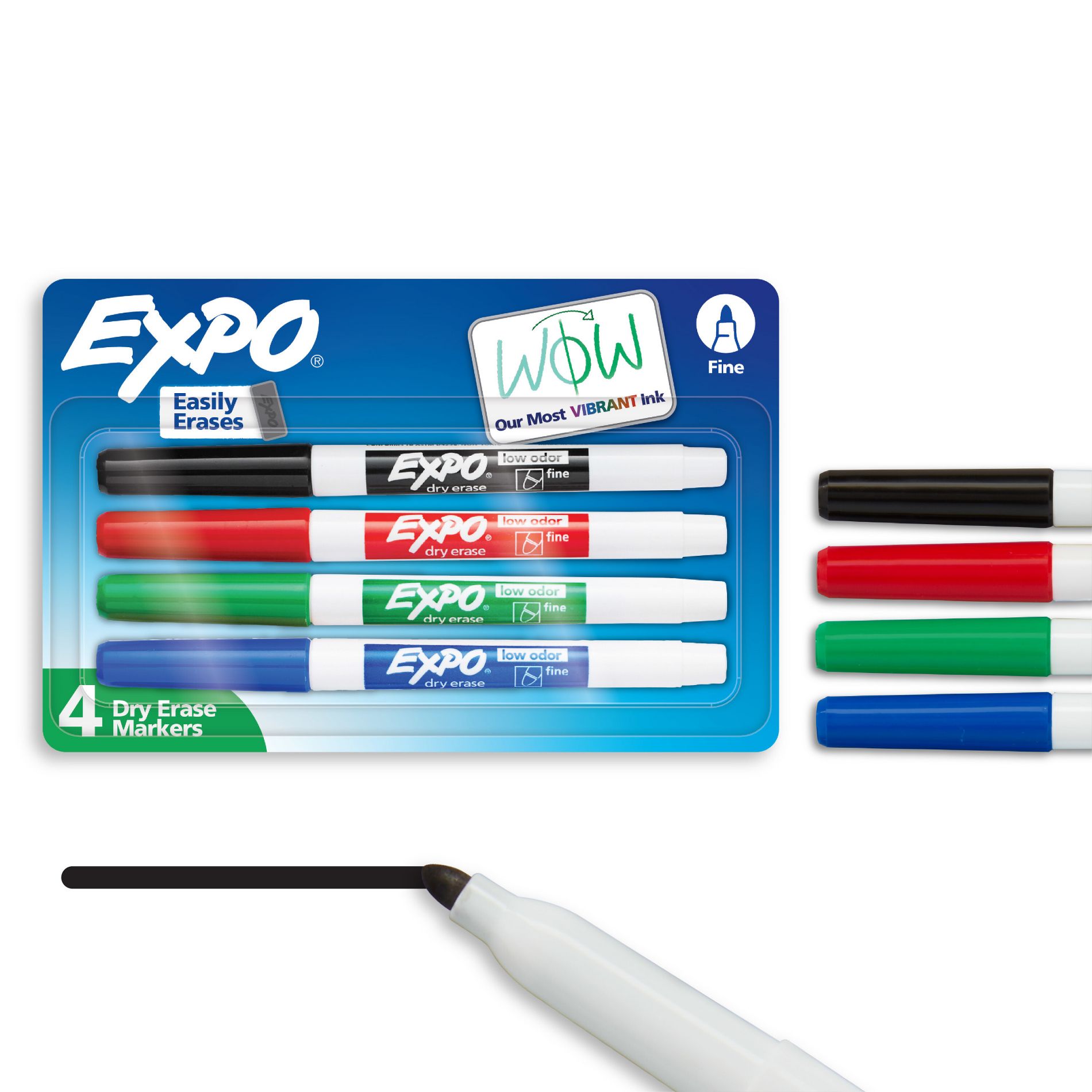 Expo 4pk Dry Erase Markers Fine Tip Multicolored: Whiteboard & Skinny Low-Odor Markers for Art & Office, Ages 10+
