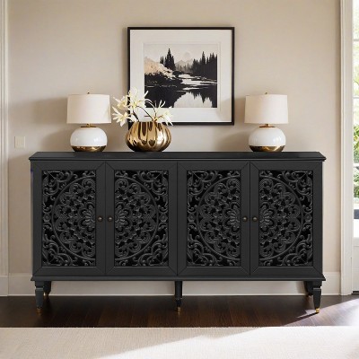 60" Antique Buffet Cabinet with Floral Carvings with Solid Wood Legs&Antique Brass Handles&Adjustable Shelves - Leovsnove