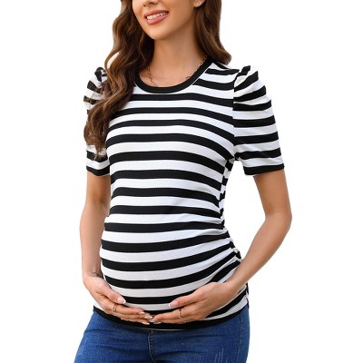 Maternity Tops Women's Casual Floral Printed Puff Short Sleeve Ruched Side Tunic Blouses Shirts Pregnancy Clothes