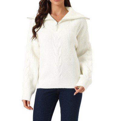 Seta T Women's Casual Long Sleeve Half Zip V Neck Collar Ribbed Knit Sweater