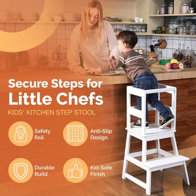 White Wooden 2-Step Kids Kitchen Step Stool with Safety Rail