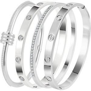 Stainless Steel Bangle Bracelet Set for Women with Sparkling Crystal Inlay, Non Tarnish Love Bangle Gift - 1 of 4