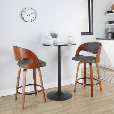 Walnut and Gray Faux Leather Swivel Counter Stools, Set of 2