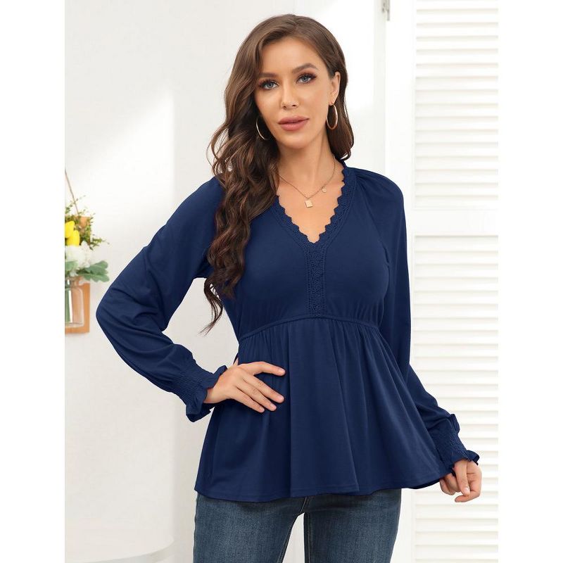 Women's Puff Long Sleeve Peplum Tunic Tops Lace Trim V Neck Ruffle flowy Shirt, 1 of 8
