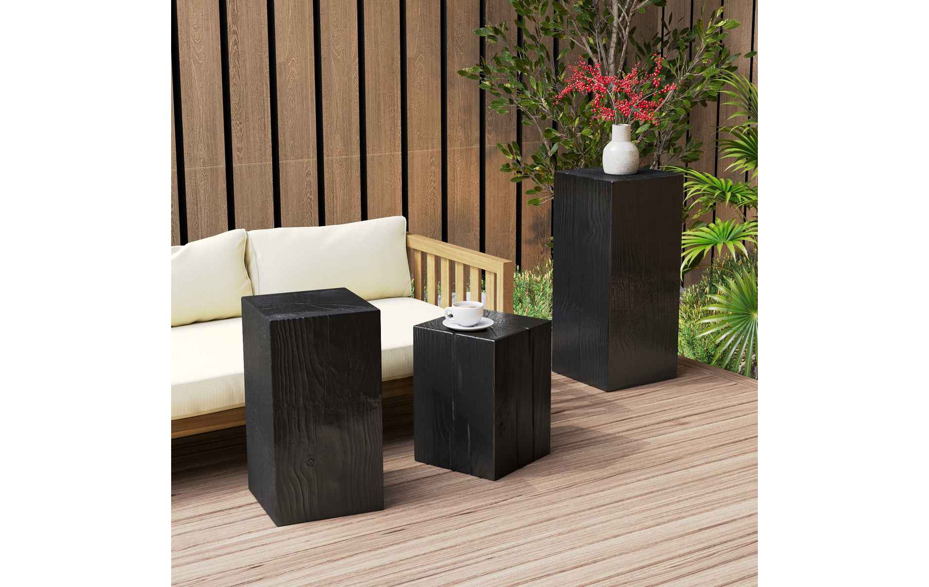 3 Piece Retro Style Square Column Side Table Set, Black Stackable End Table for Living Room Bedroom, Table with MGO and Fiberglass Frame-Coolbibila