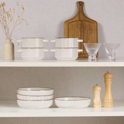 Ivory and Copper Embossed Ceramic Soup Bowls with Handles, Set of 4