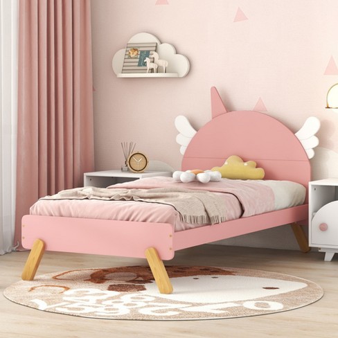 Twin Size Wooden Platform Bed With Unicorn Shape Headboard, Pink ...