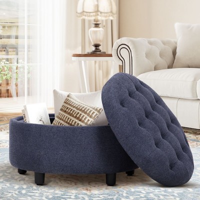 Round Fabric Storage Ottoman with Reversible Tray Lid – 3-in-1 Footrest, Hidden Storage, Small Coffee Table – 25”x25”