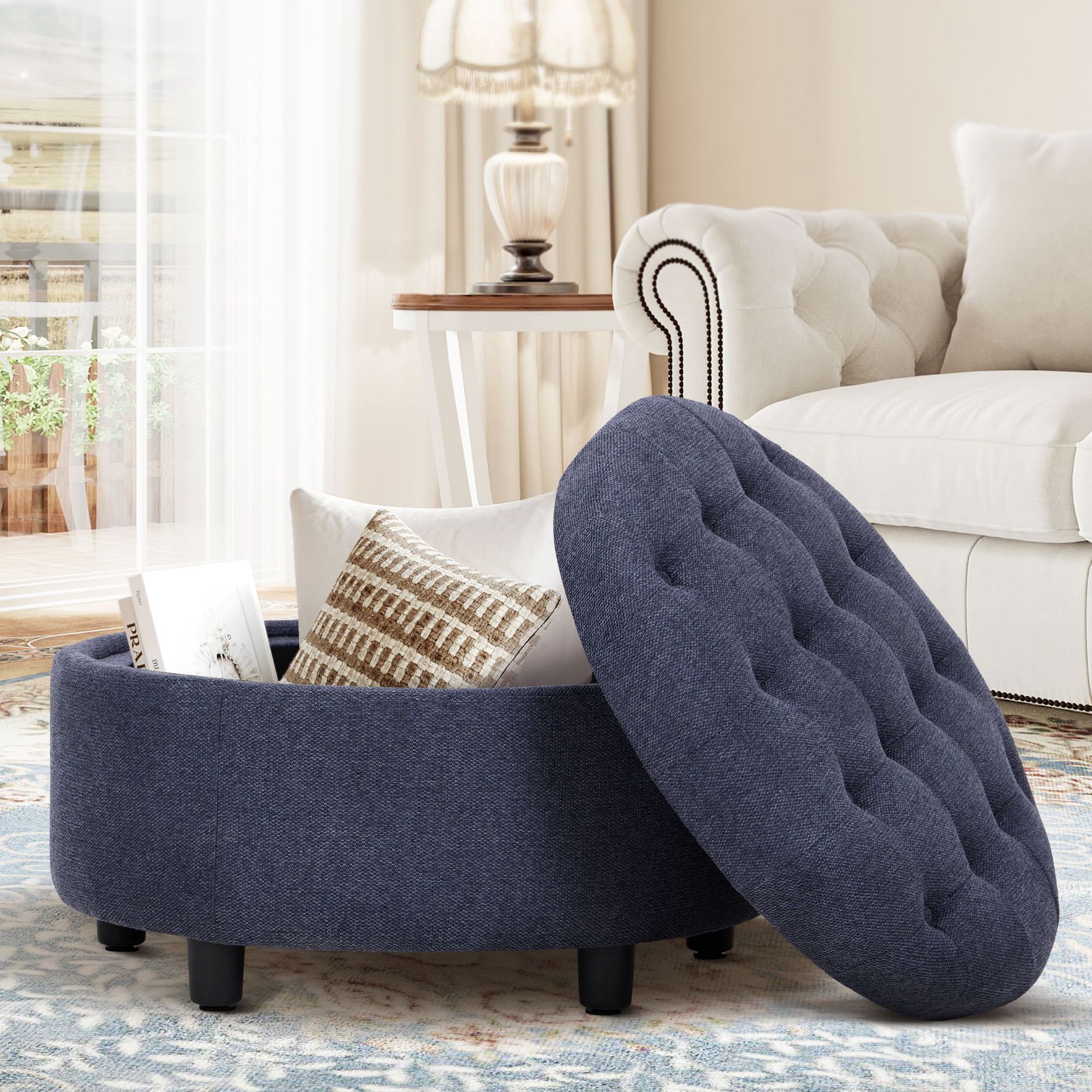 Round Fabric Storage Ottoman with Reversible Tray Lid – 3-in-1 Footrest, Hidden Storage, Small Coffee Table,Blue
