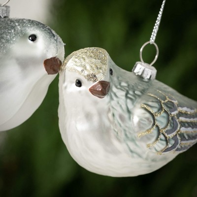 Set of 2 White and Silver Glass Bird Ornaments