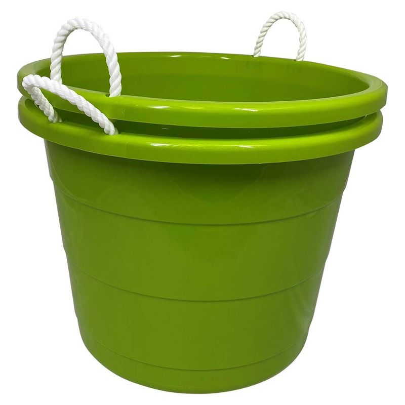 Homz 17 Gallon Indoor Outdoor Storage Bucket w/Rope Handles for Sports Equipment, Party Cooler, Gardening, Toys and Laundry, Bold Lime Green (2 Pack), 2 of 7