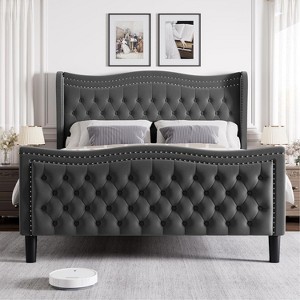 Sersper Velvet Bed Frame with Wingback Headboard& Footboard, Deep Diamond Tufting Upholstery, No Box Springs Needed - 1 of 4