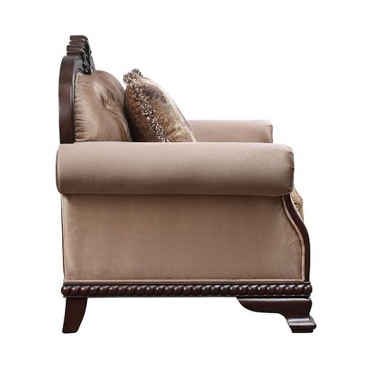 Beige Floral Upholstered Barrel Accent Chair with Wood Frame
