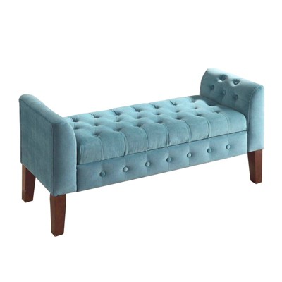 Velvet Upholstered Button Tufted Wooden Bench Settee with Hinged Storage Blue/Brown - Benzara