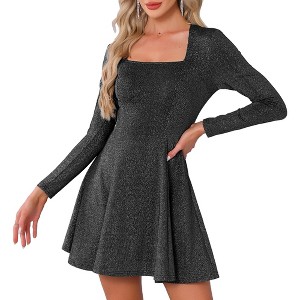 INSPIRE CHIC Women's Sparkly Square Neck Long Sleeve Cocktail Club A-Line Evening Party Dress - 1 of 4