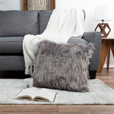 Gray 23" Himalayan Faux Fur Square Accent Pillow Set