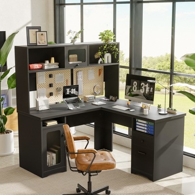 Aheaplus L Shaped Corner Desk with Top Hutch, Computer Desk Workstation with Charge Station and File Cabinet