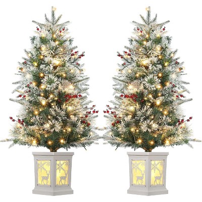 Artificial Christmas Tree Pre-Lit Christmas Tree with Snowflakes and Red Berries, Christmas Tree with White Elk Base for Home, Porch, Office