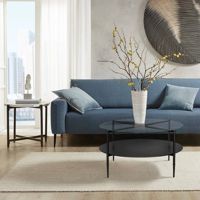 Caroline 38" Round Interchangeable Wood and Glass Coffee Table in Matte Black