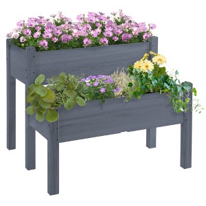 Outsunny 34"x34"x28" Raised Garden Bed 2-Tier Wooden Planter Box for Backyard, Patio to Grow Vegetables, Herbs, and Flowers - 1 of 4