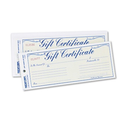 Rediform Gift Certificates w/Envelopes 8-1/2w x 3-2/3h Blue/Gold 25/Pack 98002