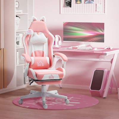 Pink Faux Leather Reclining Gaming Chair with Footrest and Cat Ears