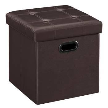 SONGMICS 15 Inches Folding Storage Ottoman, Cube Footrest, Coffee Table with Hole Handles, Faux Leather