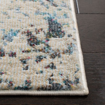 Ivory and Blue Hand-Knotted Abstract Silk Rug