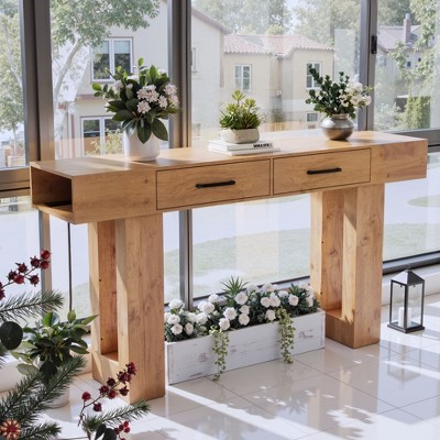 Dolonm 63 inch U-Shaped Console Table 2-Drawer,USB-C Outlet LED Lights,Easy Assembly,for Foyer Living Room Hallway