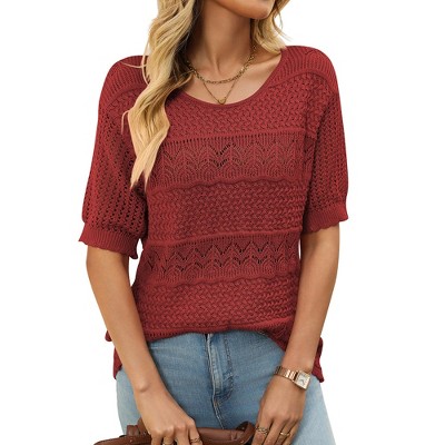 Women's Crochet Hollow Out Pullover Sweaters Casual Round Neck Half Sleeve Tops Blouses