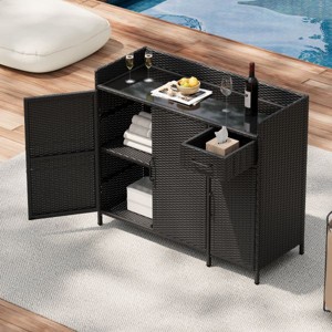 YOOCOZZ Wicker Weatherproof Outdoor Storage Cabinet with Tempered Glass Top, 47.5"L - 1 of 4