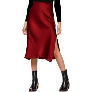 Women's Satin Midi Skirt - High Waist Slit Design with Comfortable Elastic Waistband Red - 1 of 4