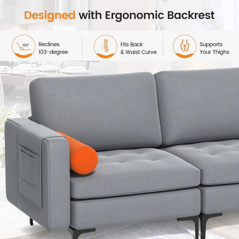 Costway Modern Modular 3-Seat Sofa Couch w/ Side Storage Pocket & Metal Leg Ash Grey, 5 of 11