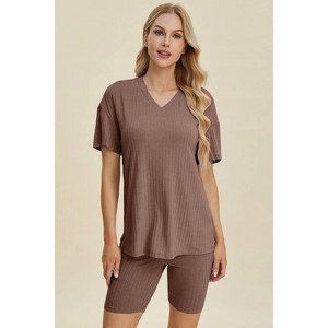 I am a Fashion Junky Basic Bae Full Size Ribbed V-Neck Short Sleeve Top and Shorts Set - 1 of 4