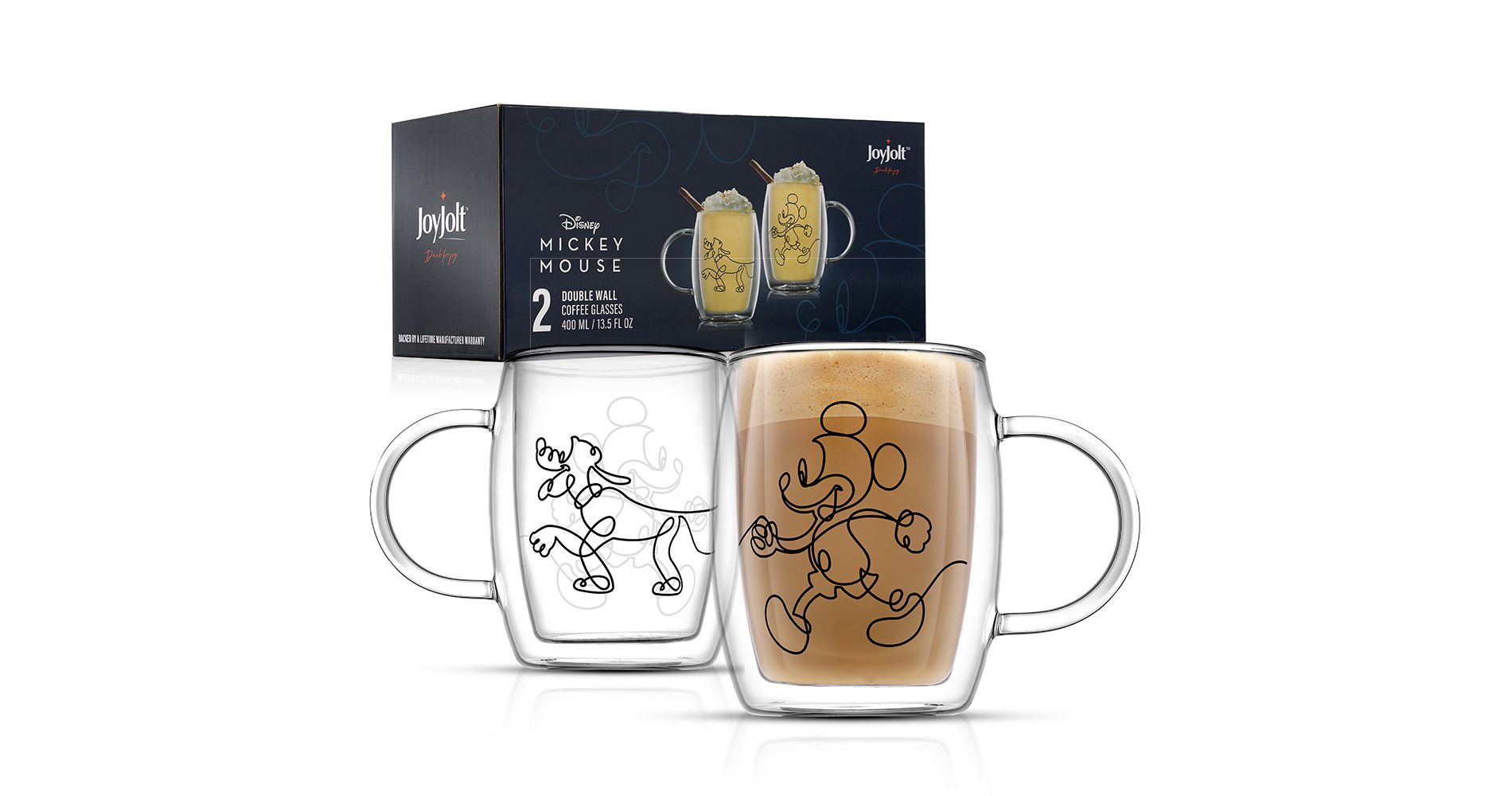JoyJolt Disney Mickey and Pluto Glass Mugs - Set of 2 Double Wall  Tea Glass Coffee Cups - 13.5 oz
