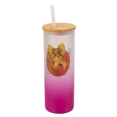 Elanze Designs 25 Ounce Frosted Glass Gradient Travel Tumbler With Straw and Wooden Lid, Basketball With Gold Bow Pink