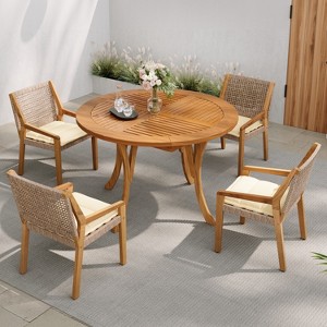 Christopher Knight Home Neva 5 Piece Outdoor Acacia Wood and Wicker Dining Set with Water-Resistant Cushions - 1 of 4