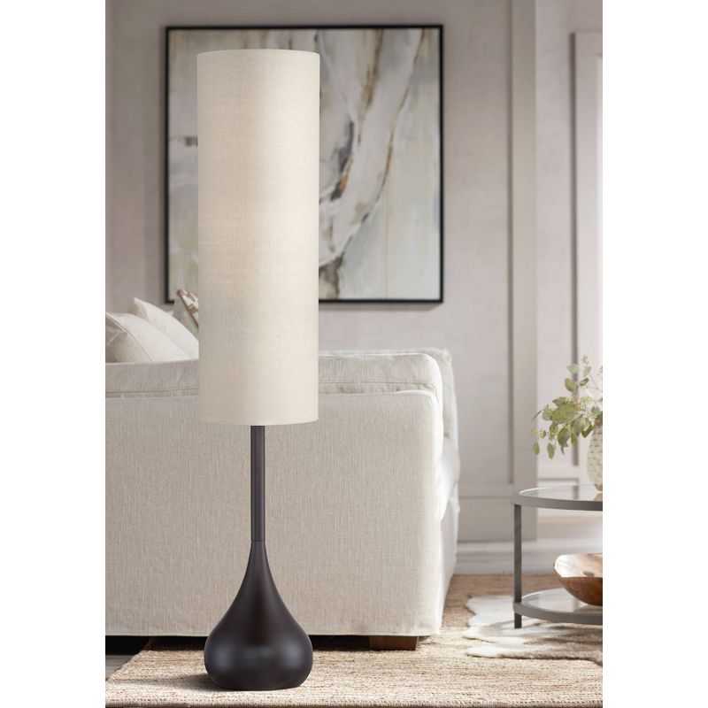 Possini Euro Design Mid Century Modern Floor Lamp 62" Tall Bronze Metal Droplet Off White Cream Cylinder Shade for Living Room Reading, 2 of 7