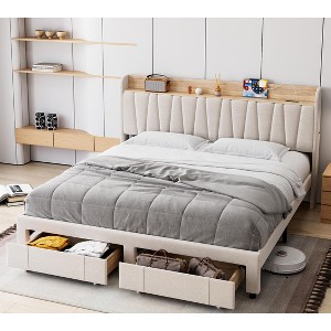Full Size Bed Frame with Drawer, Upholstered Platform Bed Frame with Storage Headboard and Charging Station - 1 of 4