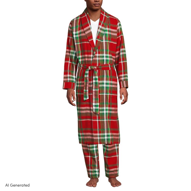 Lands' End Men's Flannel Robe - Large - Compass Red/Emerald Plaid
