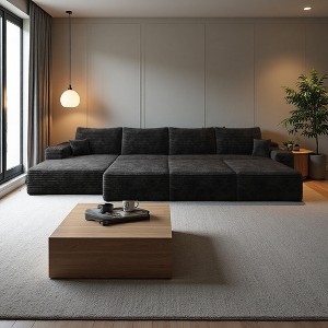 135" Cloud Plush Corduroy L-Shaped Sectional Sofa with Right Chaise & 3 Ottomans - 1 of 4