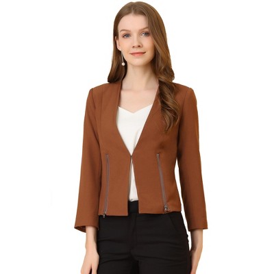 Allegra K Women's Work Office Zipper Decor Collarless Cropped Blazer