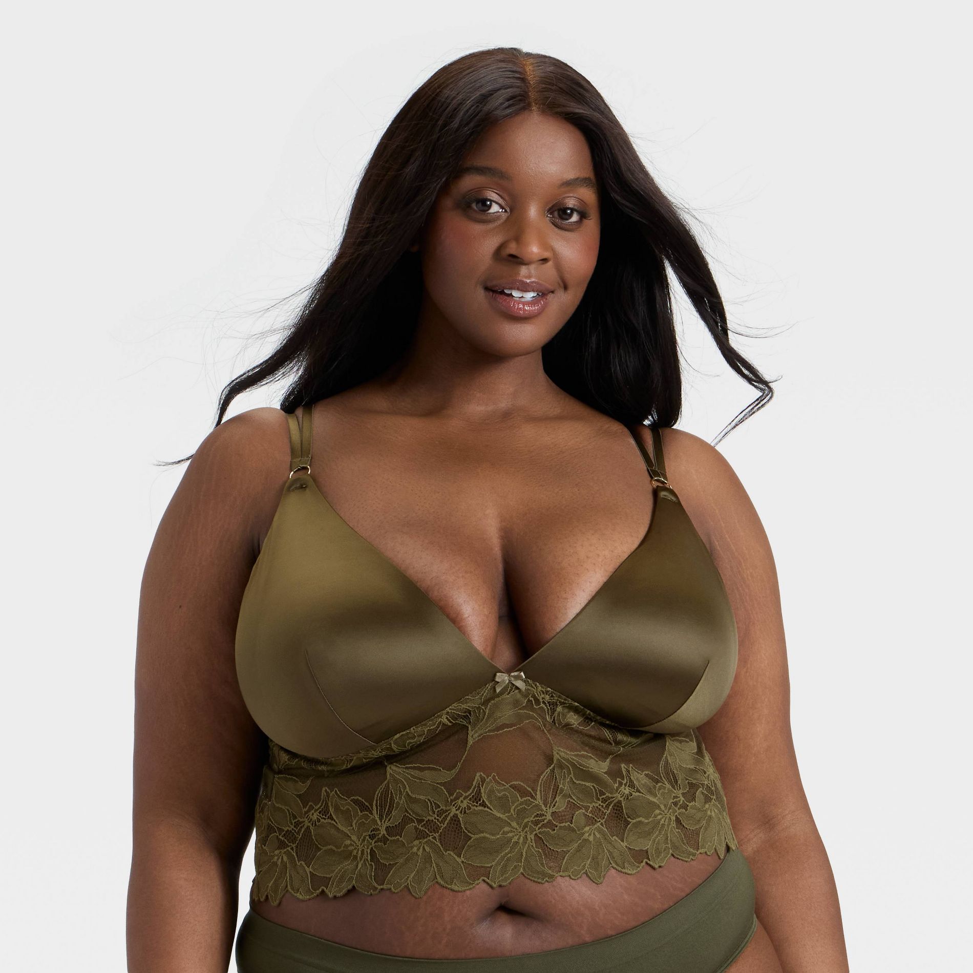 Women's Satin and Lace Removable Pad Longline Bralette - Auden™ Moss Green 1X