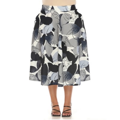 White Mark Plus Size Leaf Print Vintage Flared Midi Skirt