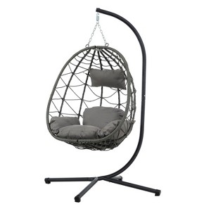 CAVINAS Wicker Swing Egg Chair with Cushion and Stand,Patio Swing Hanging Basket Chair with Stand for Bedroom Porch Garden - 1 of 4