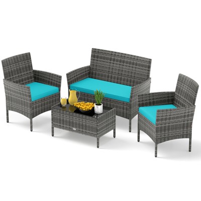 Tangkula Set Of 4 Patio Furniture Set w/Washable Cushions & Tempered Glass Coffee Table