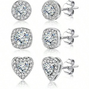 Sterling Silver Stud Earrings for Women Girls Cubic Zirconia Halo Round Heart Square Diamond Large Silver Stud Set - 1 of 4