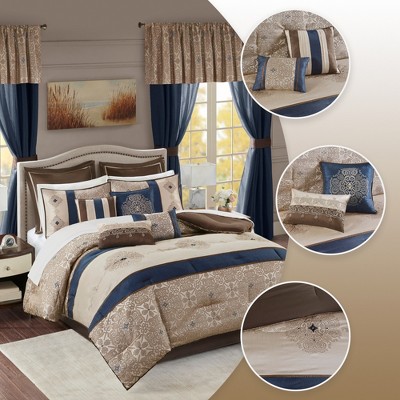 Regency Heights 24 Pcs RIAB Faux Silk Luxury Bedding Set, Classic Palace Style Medallion Jacquard Premium Bed Set with Pillows, Bedskirt and Valances, Navy, Queen — фото 2
